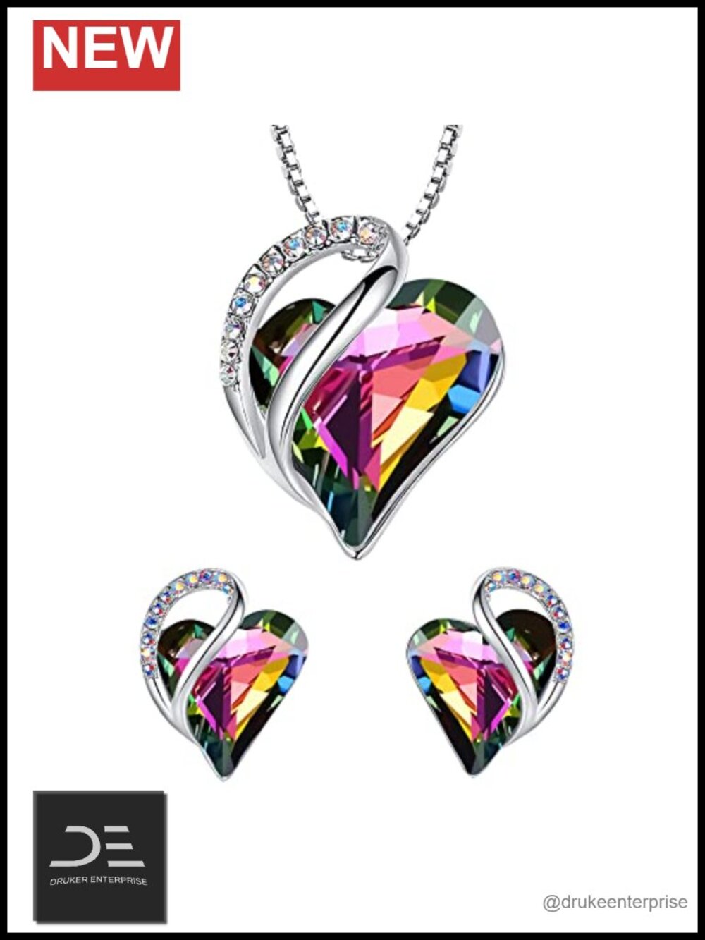 Crystal Heart Necklace and Stud Earrings Set for Women, Silver Tone
